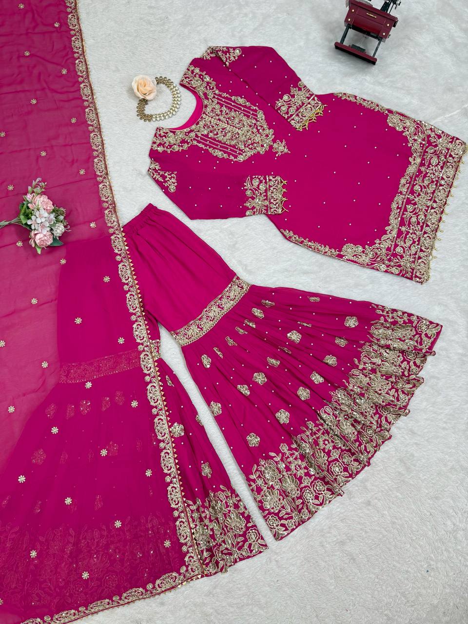 Prazu Fashion Pink Faux Georgette Embroidered Thread Work Sharara Suit