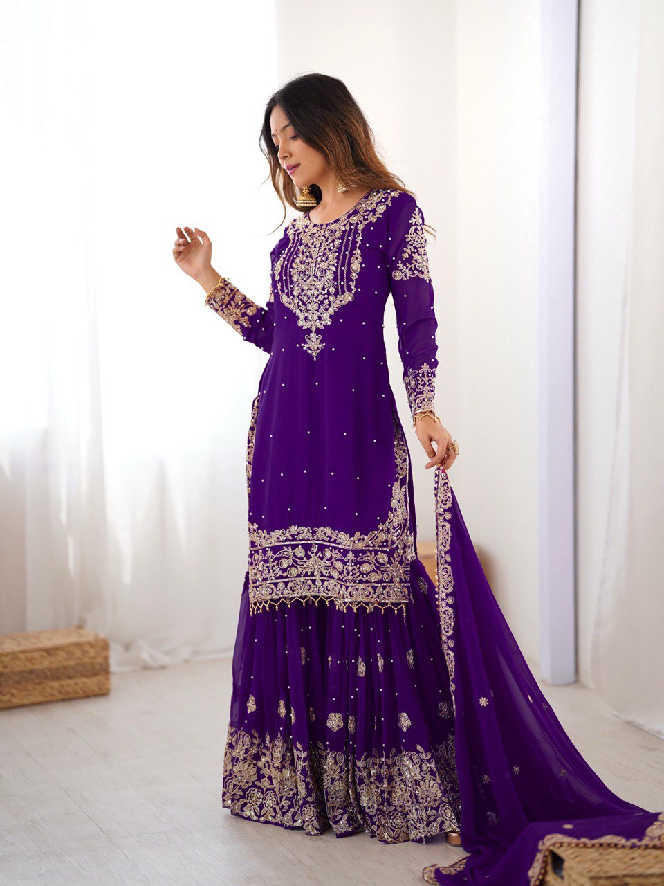 Prazu Fashion Violet Faux Georgette Embroidered Thread Work Sharara Suit