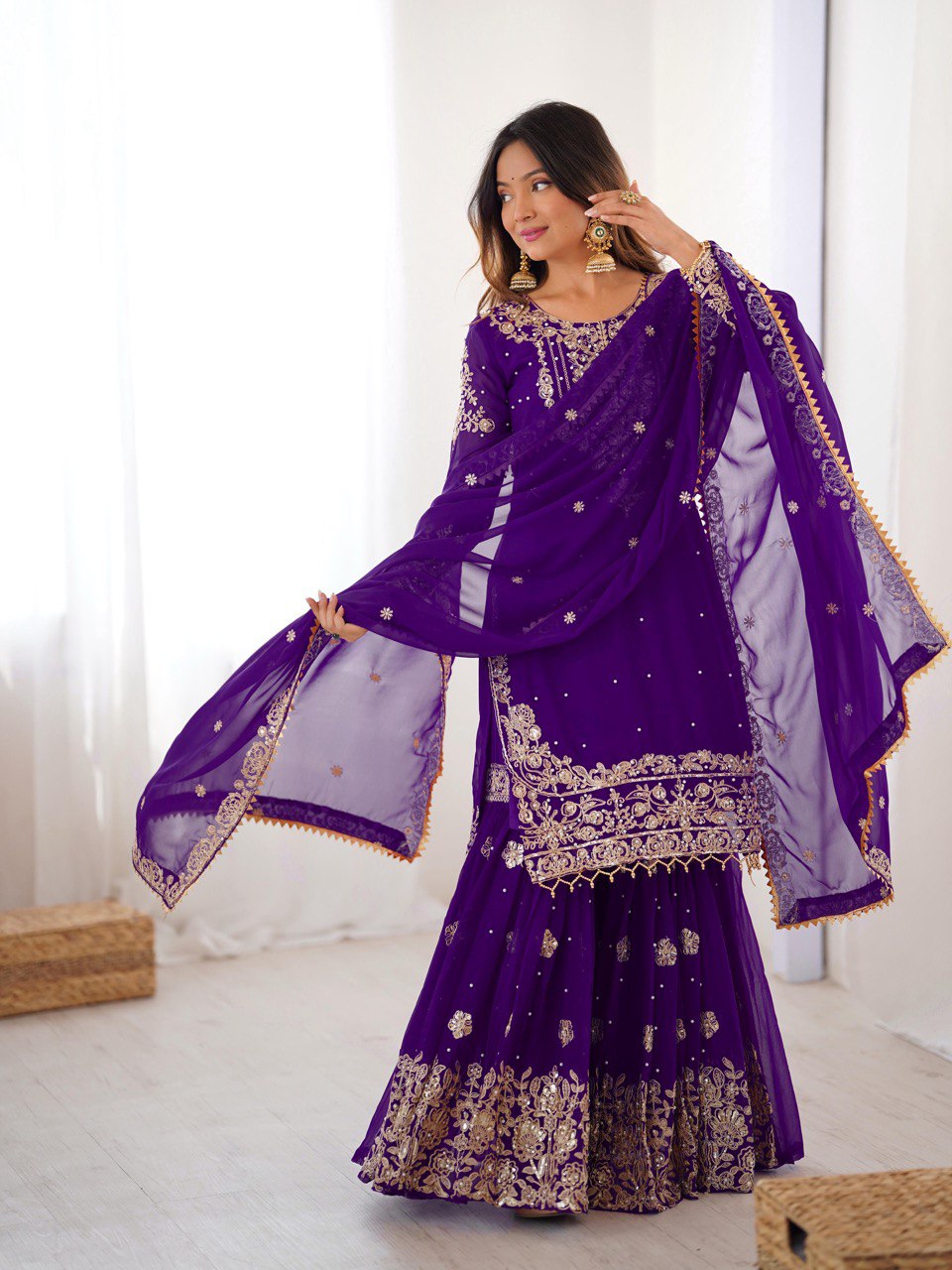 Prazu Fashion Violet Faux Georgette Embroidered Thread Work Sharara Suit