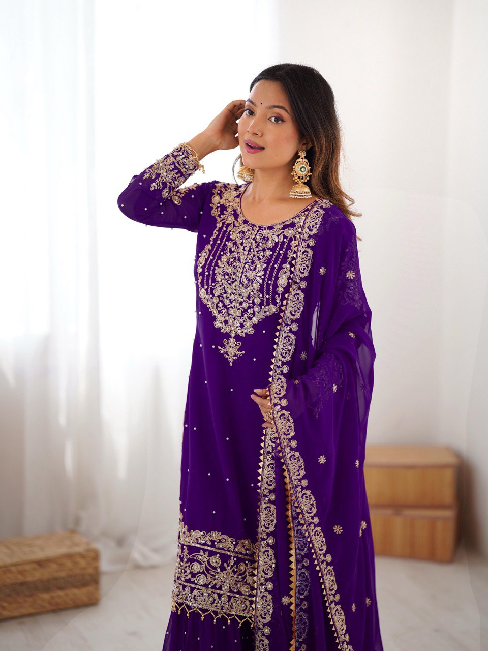 Prazu Fashion Violet Faux Georgette Embroidered Thread Work Sharara Suit
