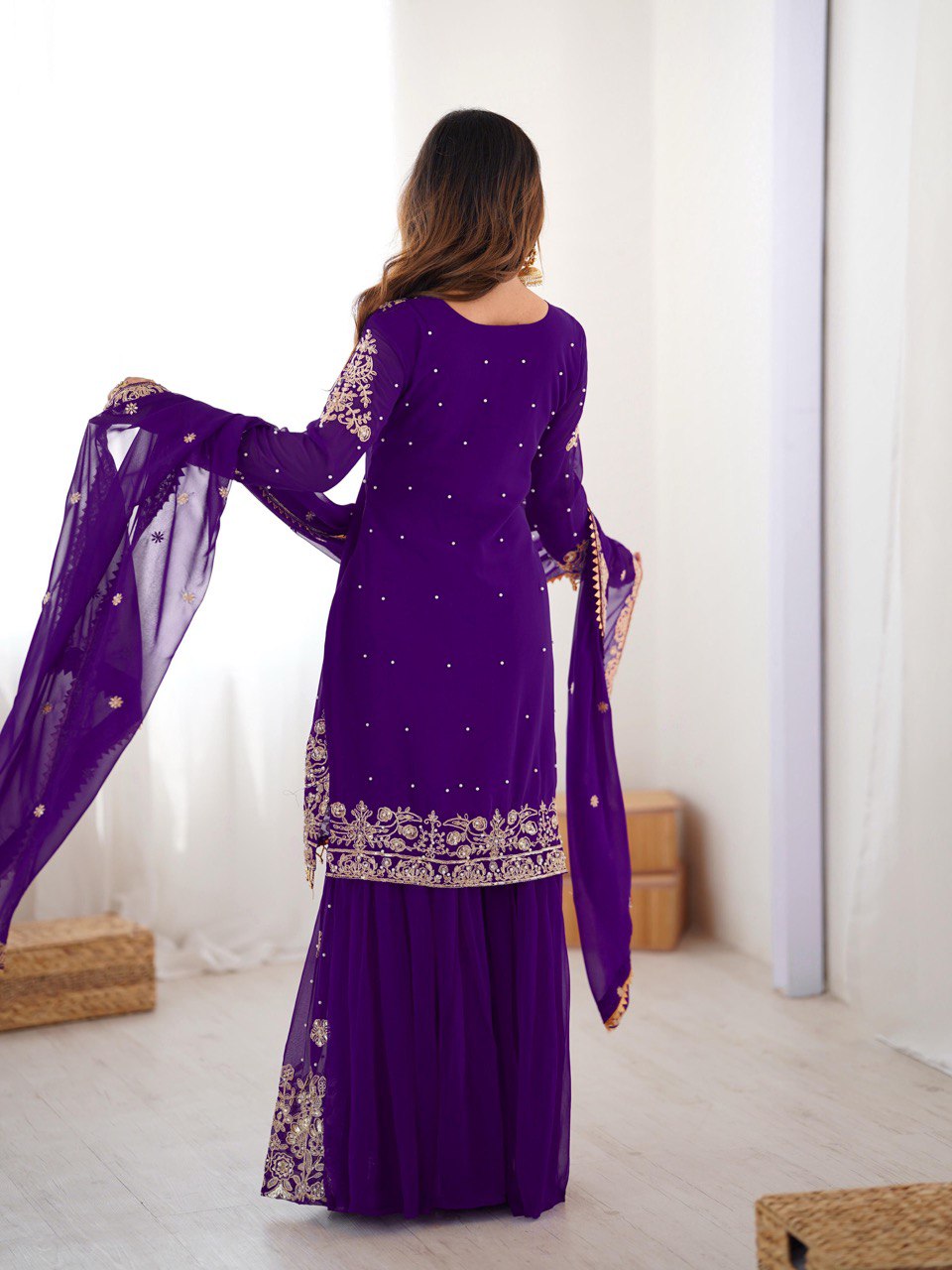 Prazu Fashion Violet Faux Georgette Embroidered Thread Work Sharara Suit
