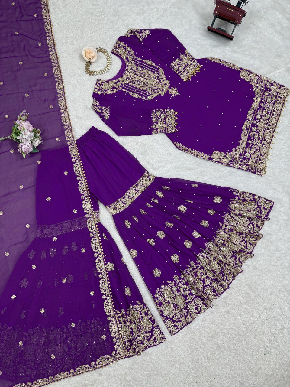 Prazu Fashion Violet Faux Georgette Embroidered Thread Work Sharara Suit
