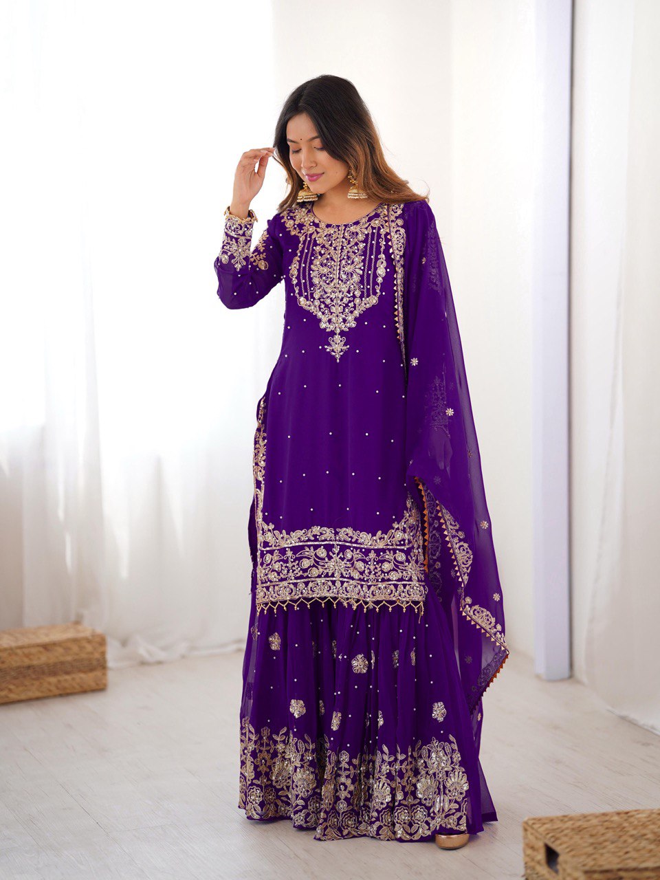 Prazu Fashion Violet Faux Georgette Embroidered Thread Work Sharara Suit