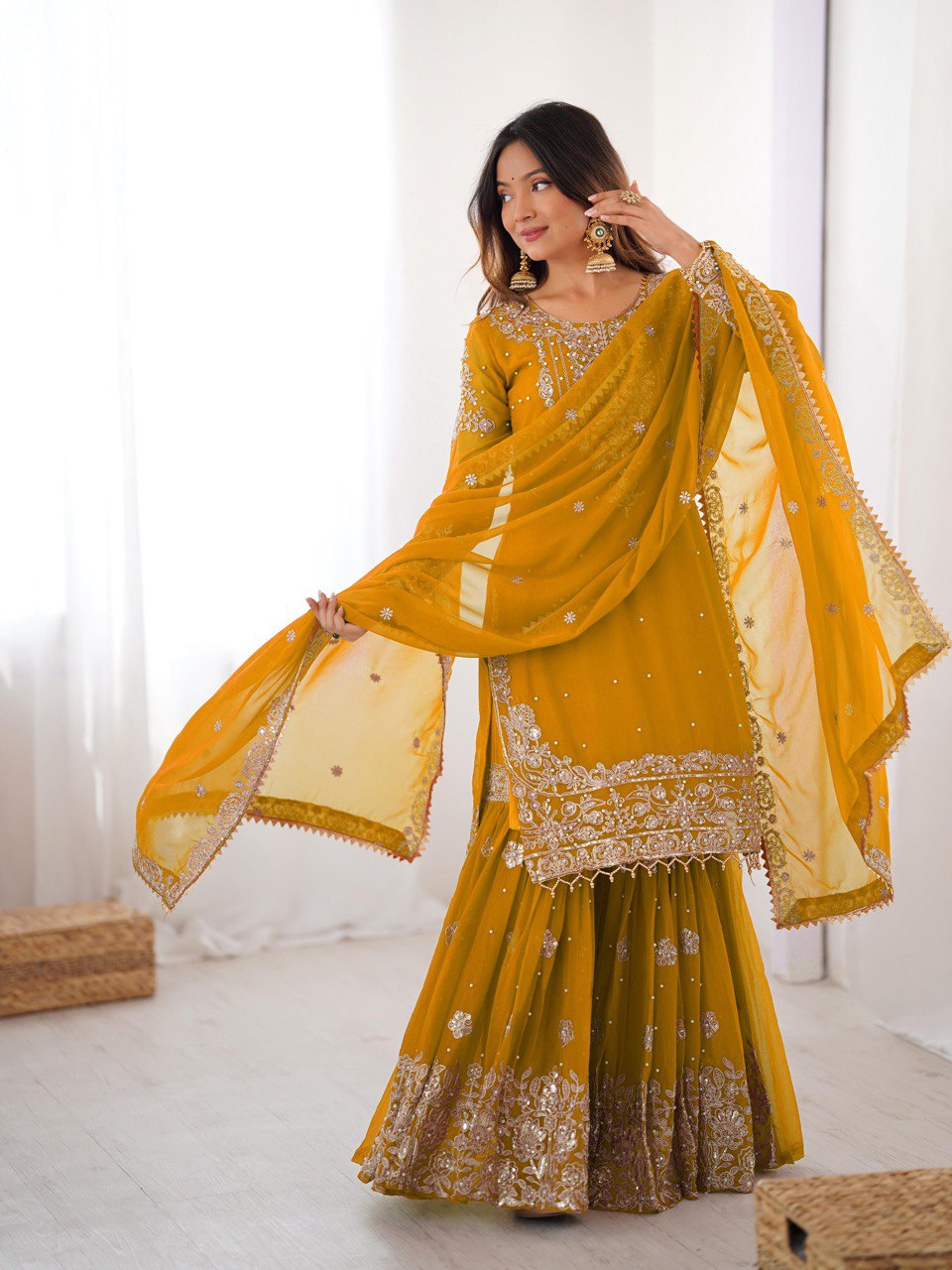 Prazu Fashion Yellow Faux Georgette Embroidered Thread Work Sharara Suit