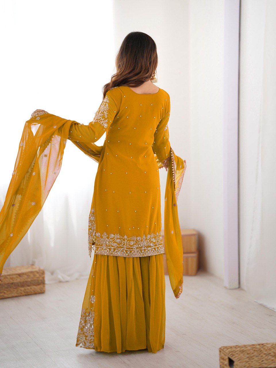 Prazu Fashion Yellow Faux Georgette Embroidered Thread Work Sharara Suit