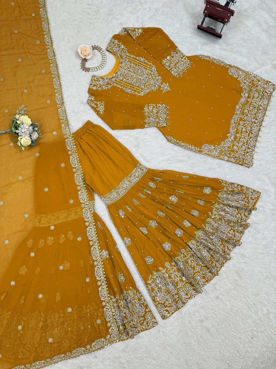 Prazu Fashion Yellow Faux Georgette Embroidered Thread Work Sharara Suit
