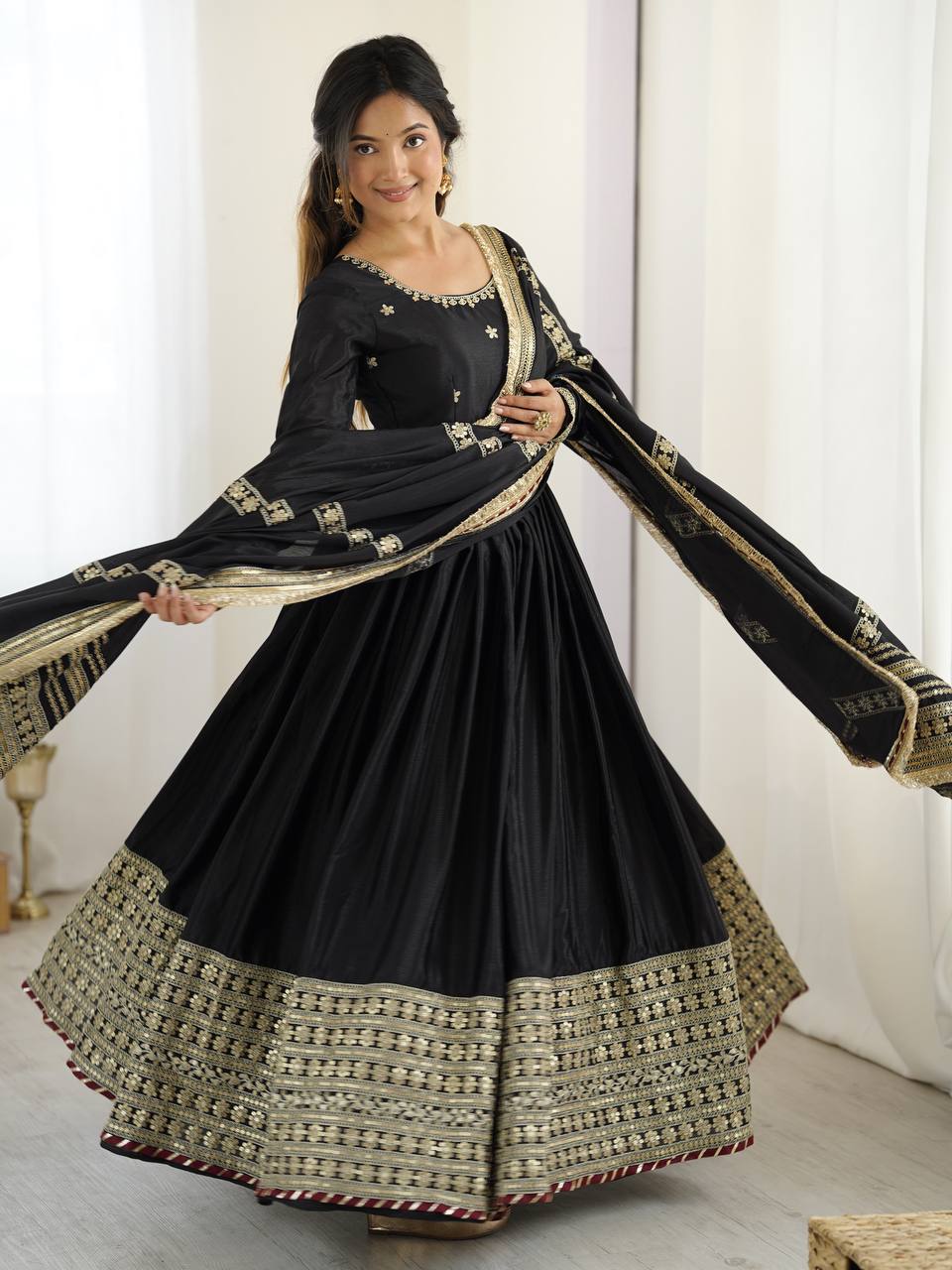 Prazu Fashion Black Chinon Silk Thread With Sequence Work Anarkali Suit