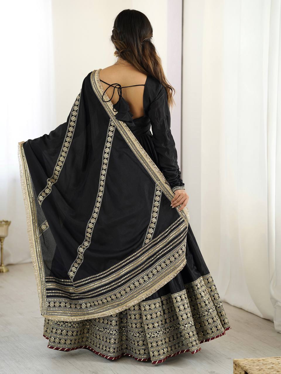 Prazu Fashion Black Chinon Silk Thread With Sequence Work Anarkali Suit