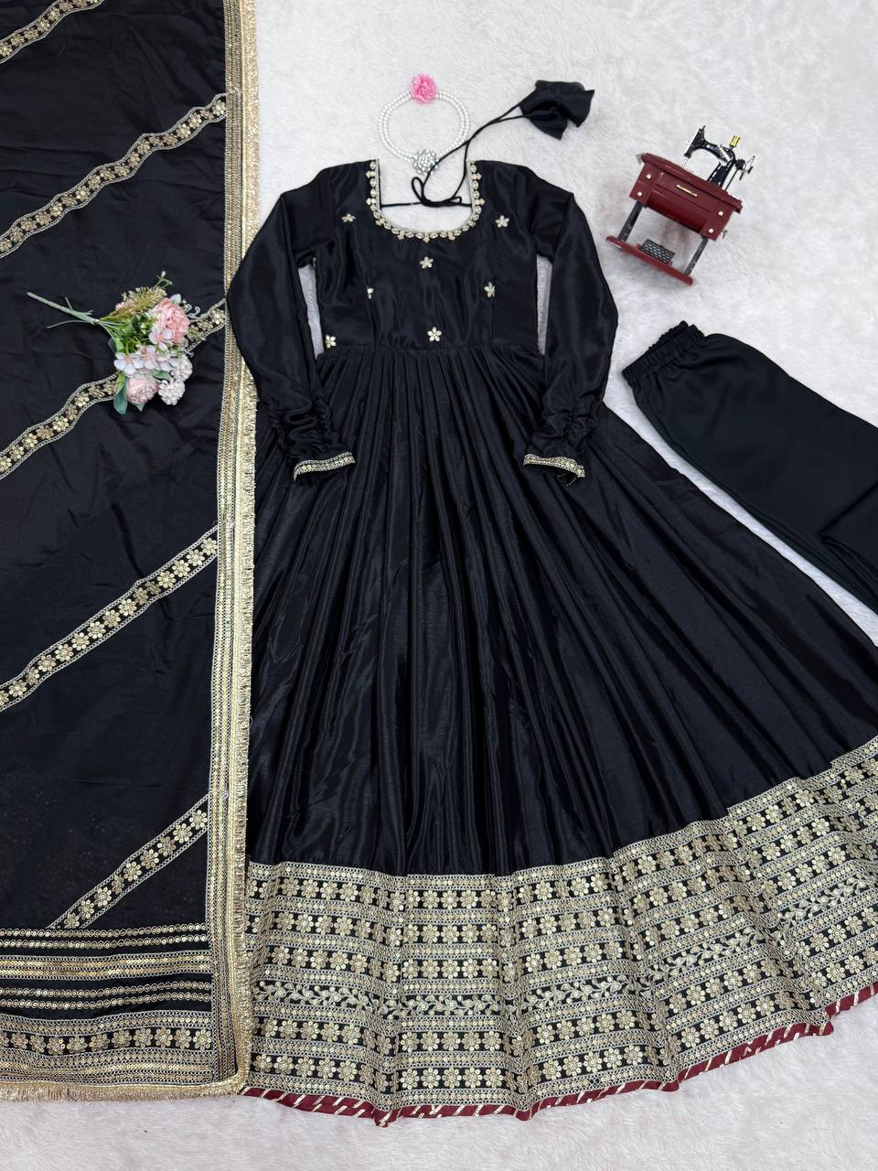 Prazu Fashion Black Chinon Silk Thread With Sequence Work Anarkali Suit