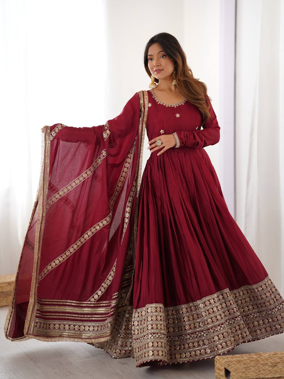 Prazu Fashion Maroon Chinon Silk Thread With Sequence Work Anarkali Suit