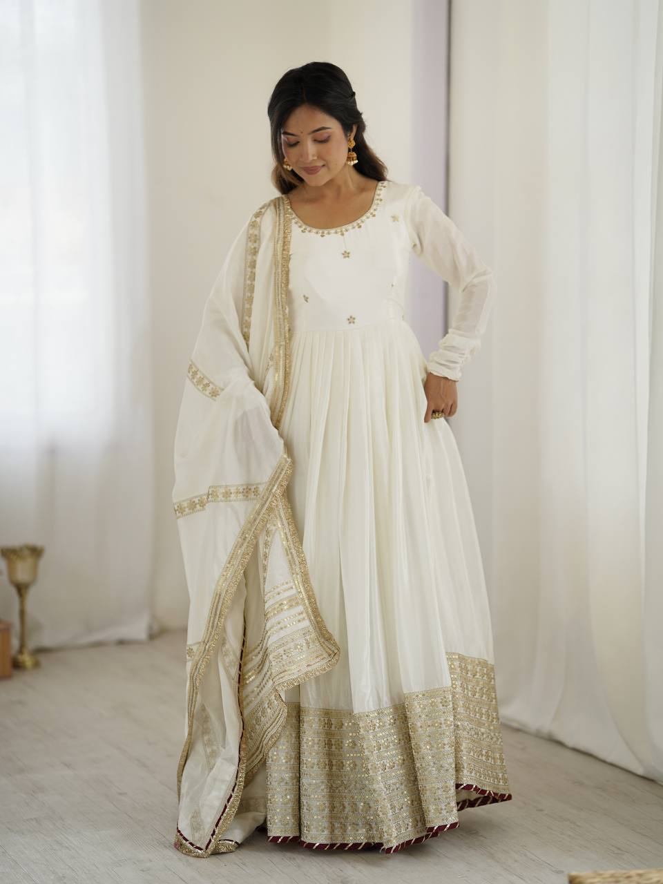 Prazu Fashion White Chinon Silk Thread With Sequence Work Anarkali Suit