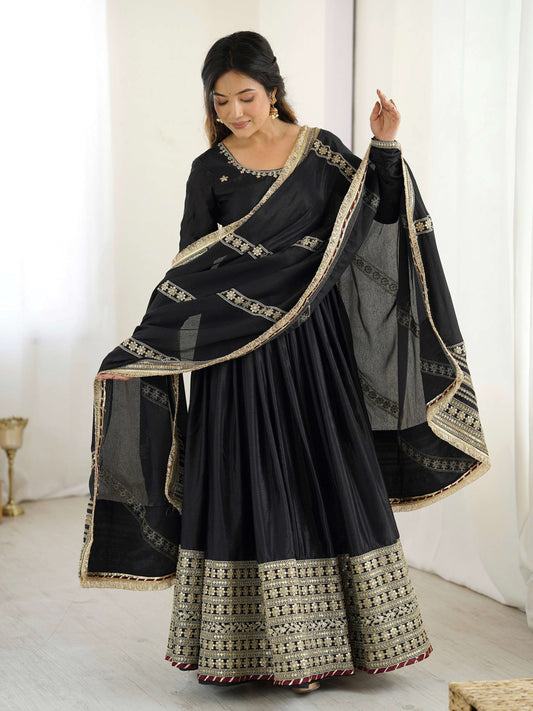 Lehenga Mart Black Chinon Silk Designer Chinon Silk Gown