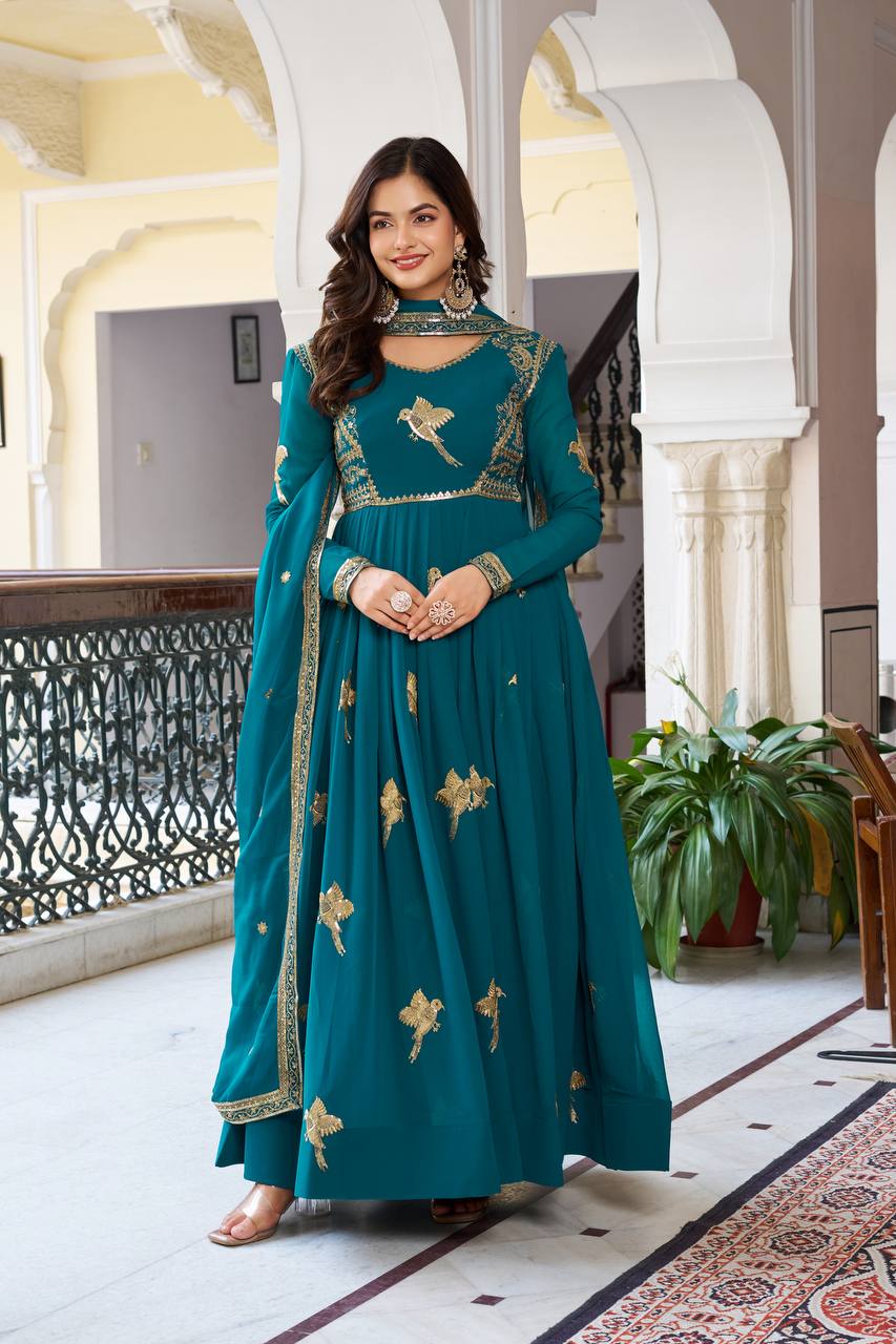 Lehenga Mart Faux Georgette Gown With Dupatta-Teal Blue