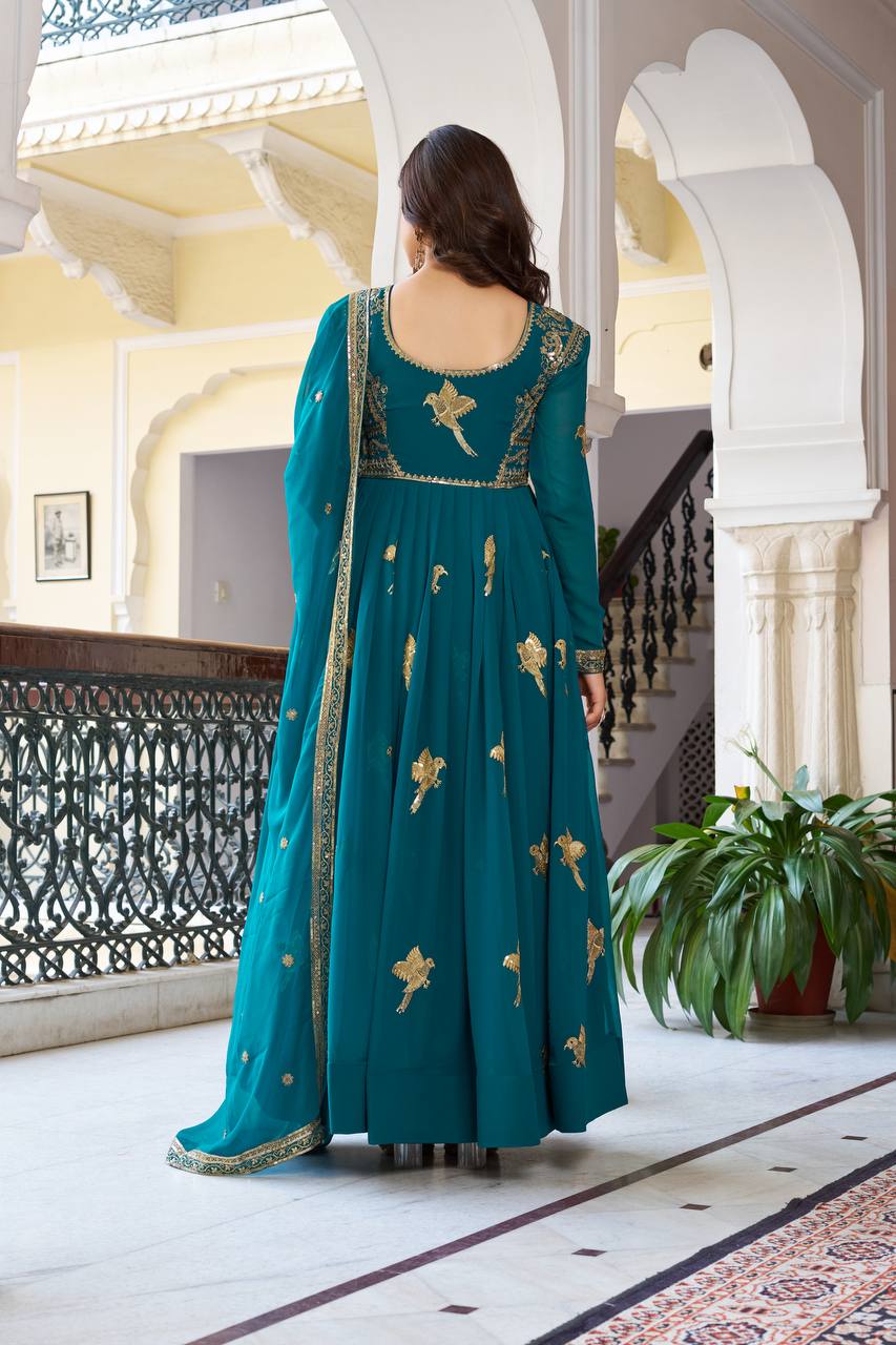Lehenga Mart Faux Georgette Gown With Dupatta-Teal Blue