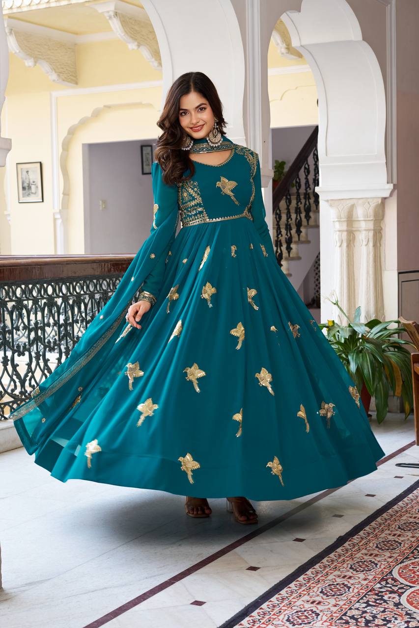 Lehenga Mart Faux Georgette Gown With Dupatta-Teal Blue