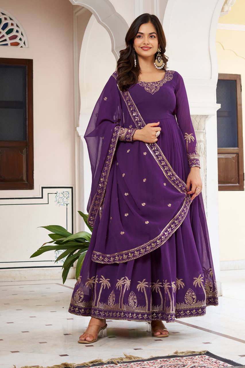 Lehenga Mart Faux Georgette Gown With Dupatta-Blue
