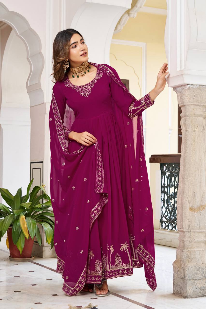 Lehenga Mart Faux Georgette Gown With Dupatta-Purple