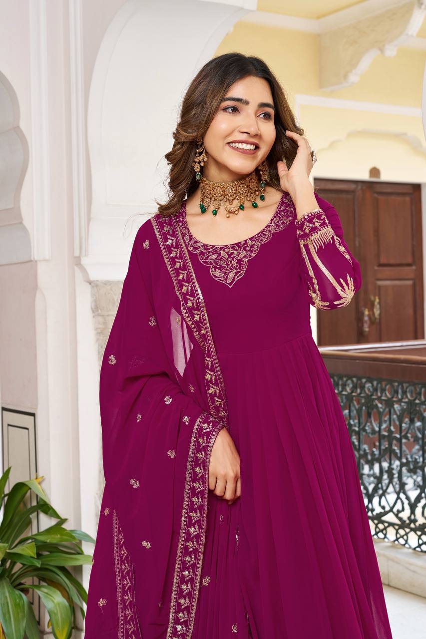 Lehenga Mart Faux Georgette Gown With Dupatta-Purple
