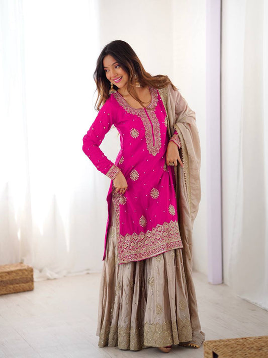 Lehenga Mart Designer Ready To Wear Sharara Suit Dupatta For Women-Pink