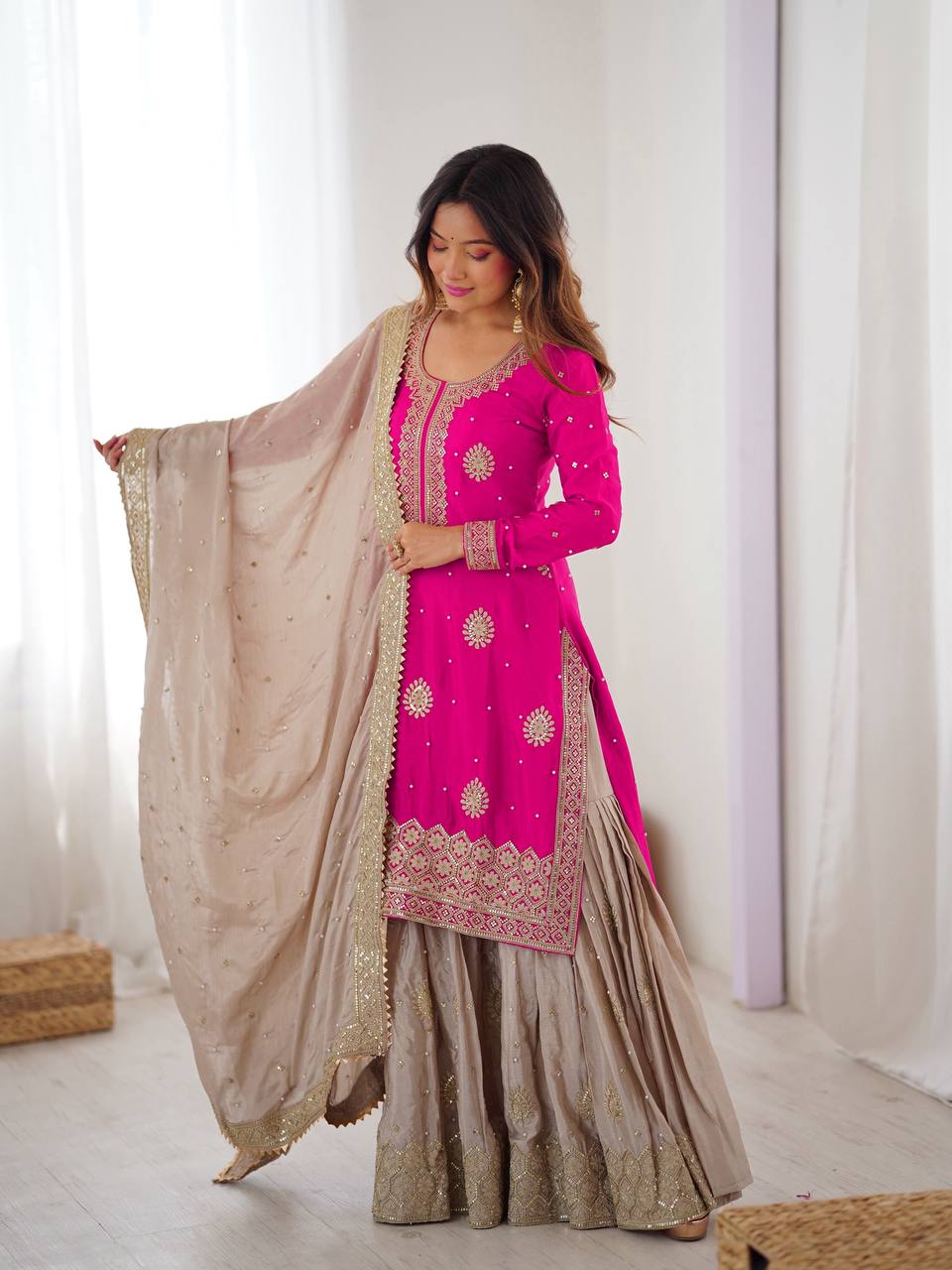 Lehenga Mart Designer Ready To Wear Sharara Suit Dupatta For Women-Pink