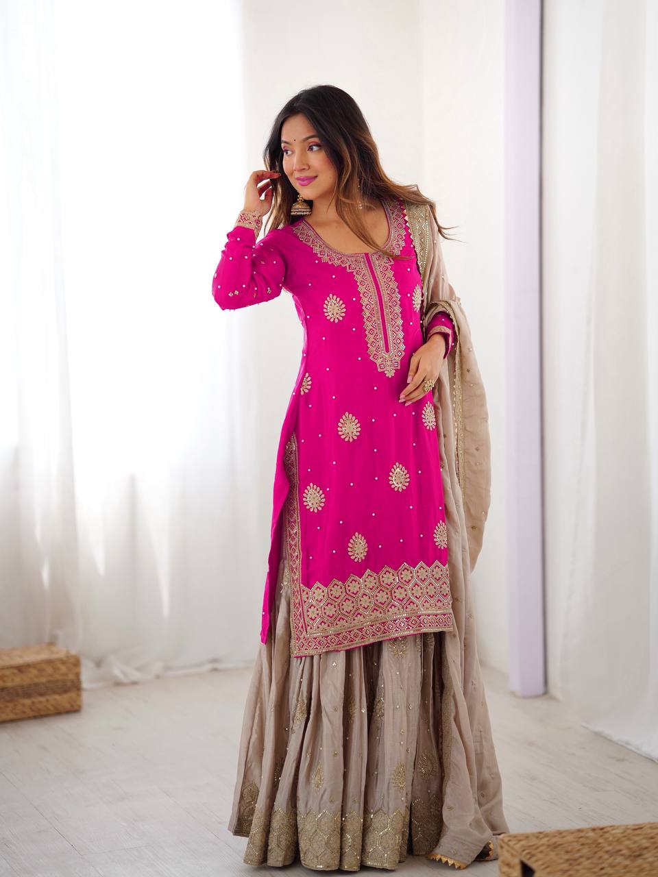 Lehenga Mart Designer Ready To Wear Sharara Suit Dupatta For Women-Pink