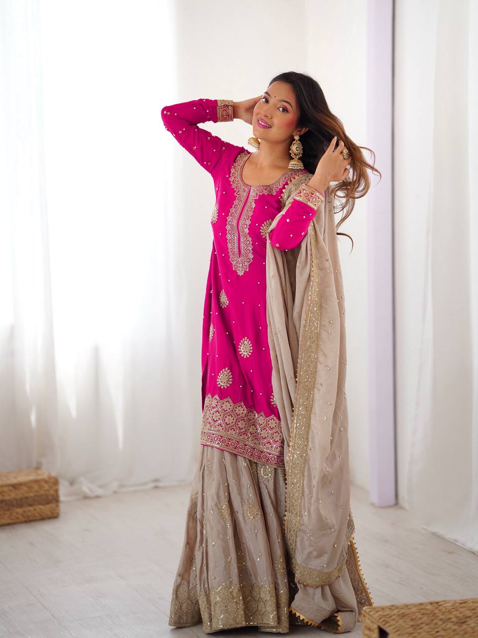 Lehenga Mart Designer Ready To Wear Sharara Suit Dupatta For Women-Pink