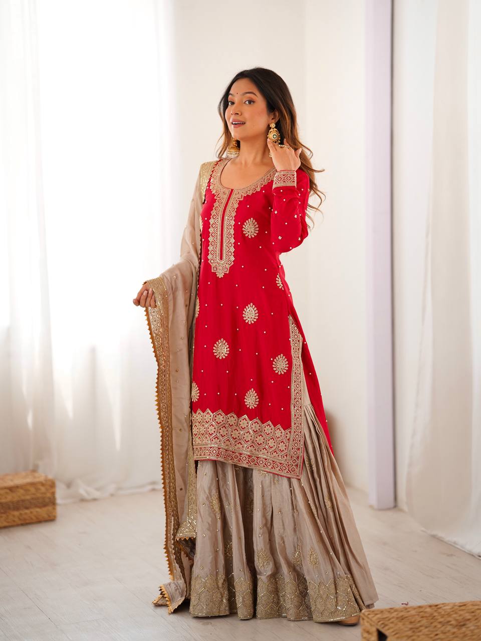 Lehenga Mart Designer Ready To Wear Sharara Suit Dupatta For Women-Red