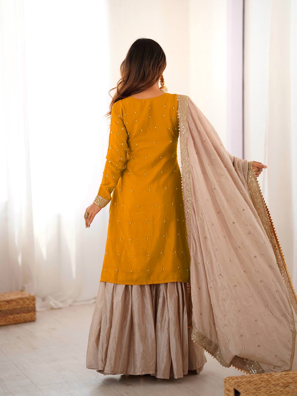 Lehenga Mart Designer Ready To Wear Sharara Suit Dupatta For Women-Yellow