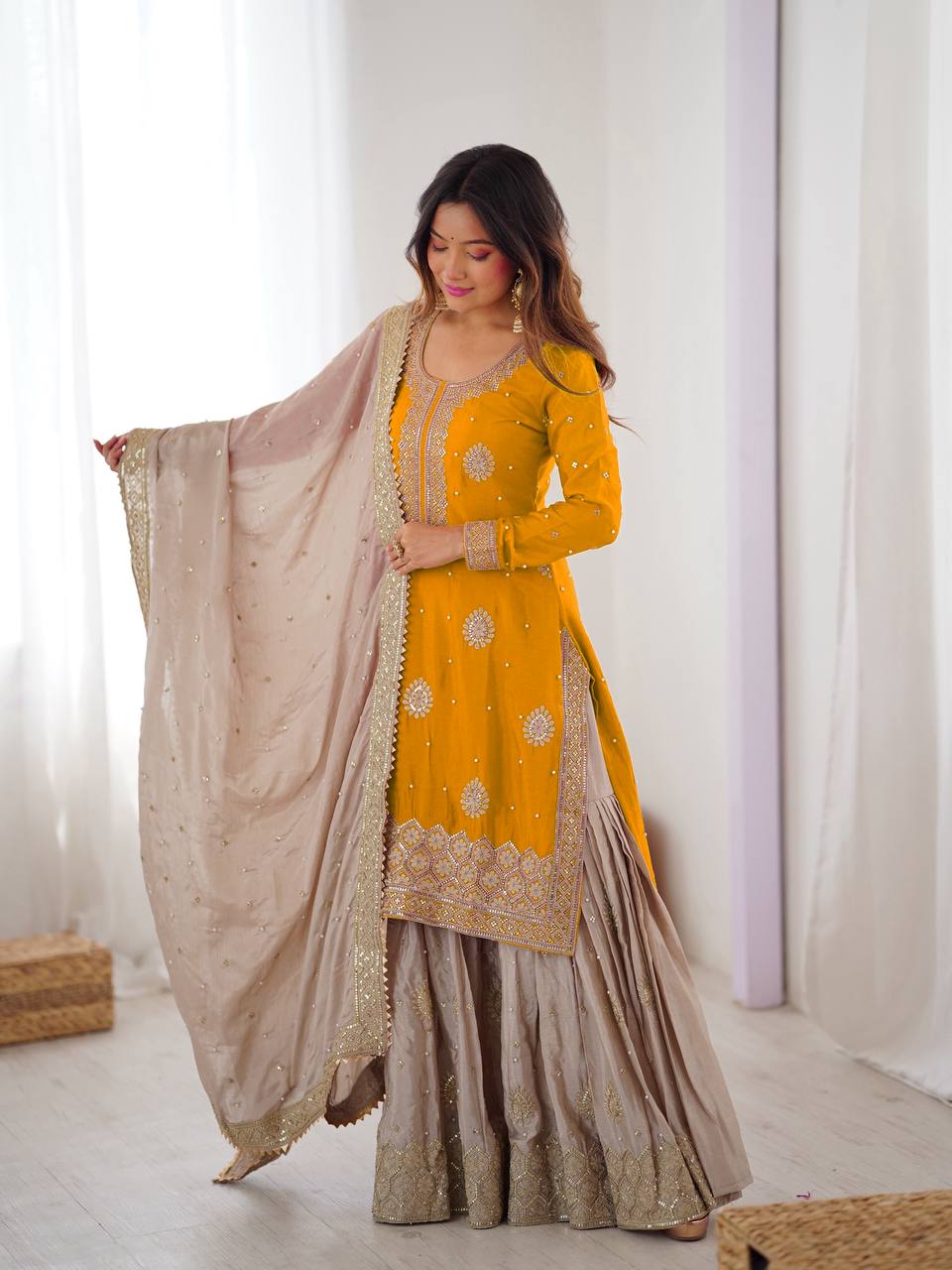 Lehenga Mart Designer Ready To Wear Sharara Suit Dupatta For Women-Yellow