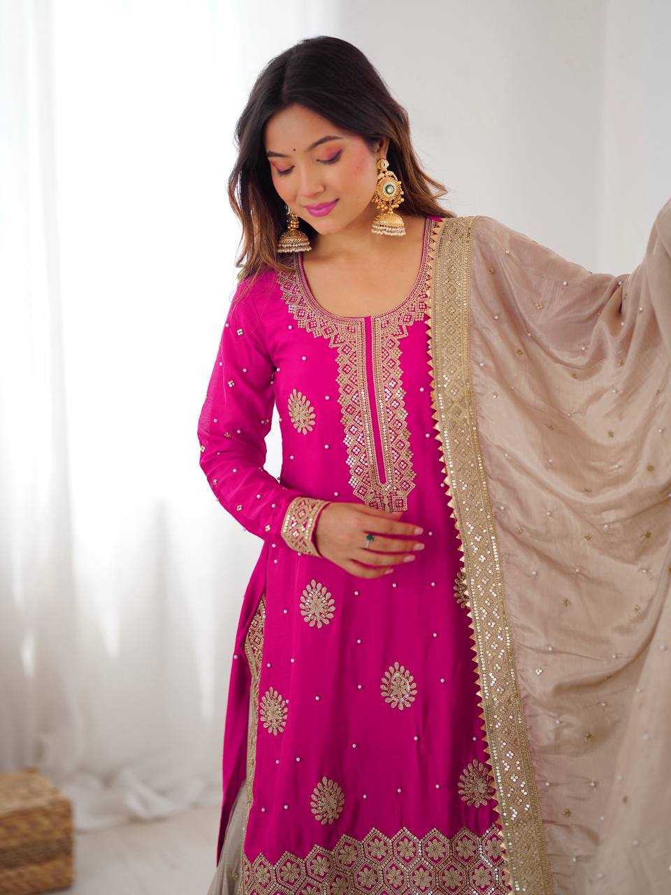 Prazu Fashion Pink Chinon Silk Sequence With Pearl Work Sharara Suit