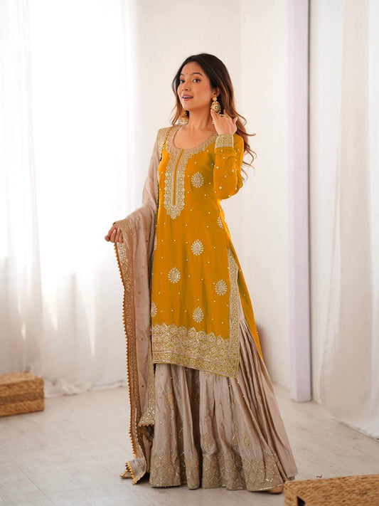 Prazu Fashion Yellow Chinon Silk Sequence With Pearl Work Sharara Suit