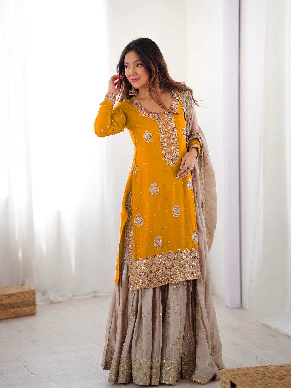Prazu Fashion Yellow Chinon Silk Sequence With Pearl Work Sharara Suit