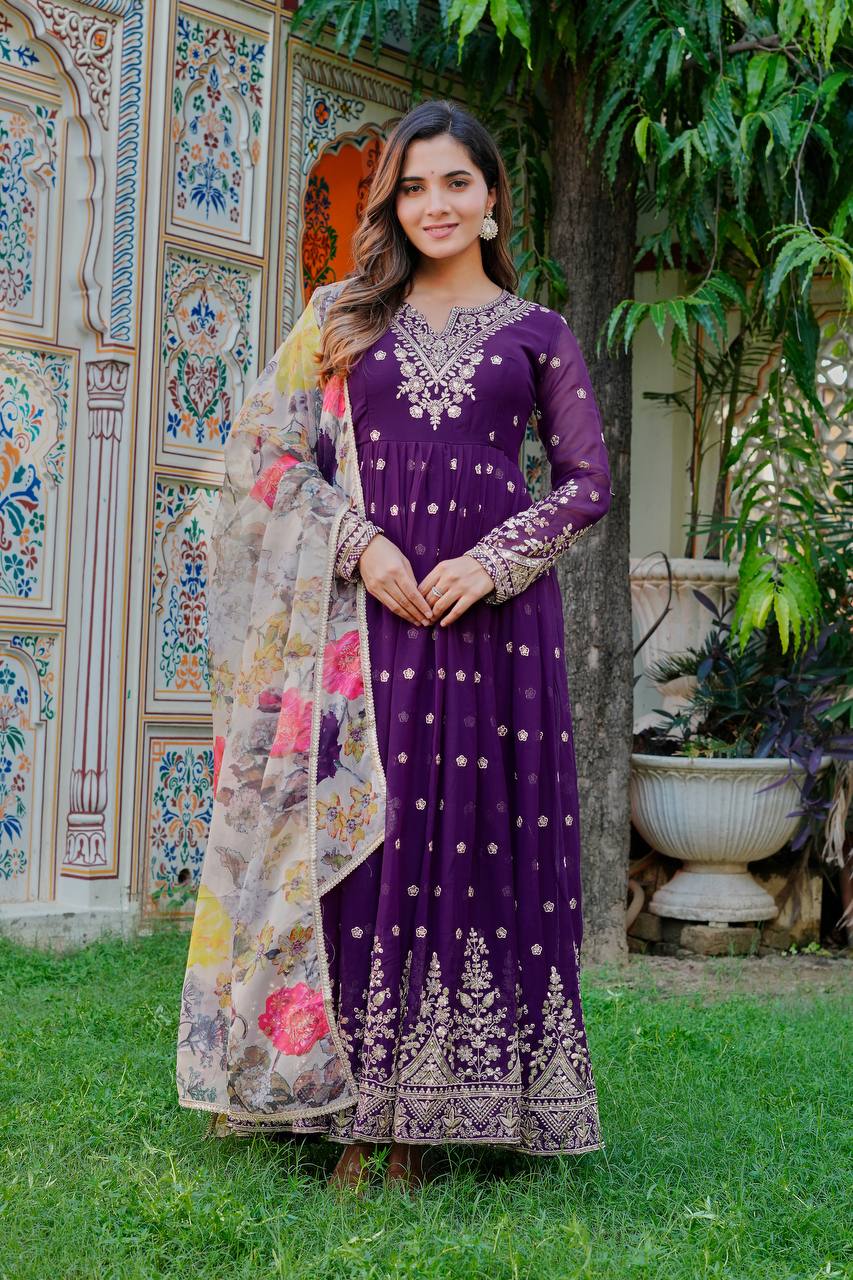 Lehenga Mart Faux Georgette Gown With Dupatta-Blue