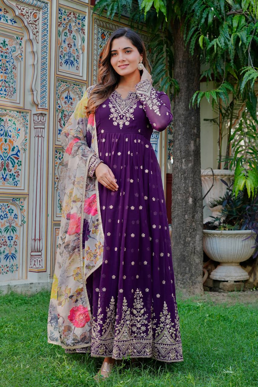 Lehenga Mart Faux Georgette Gown With Dupatta-Blue