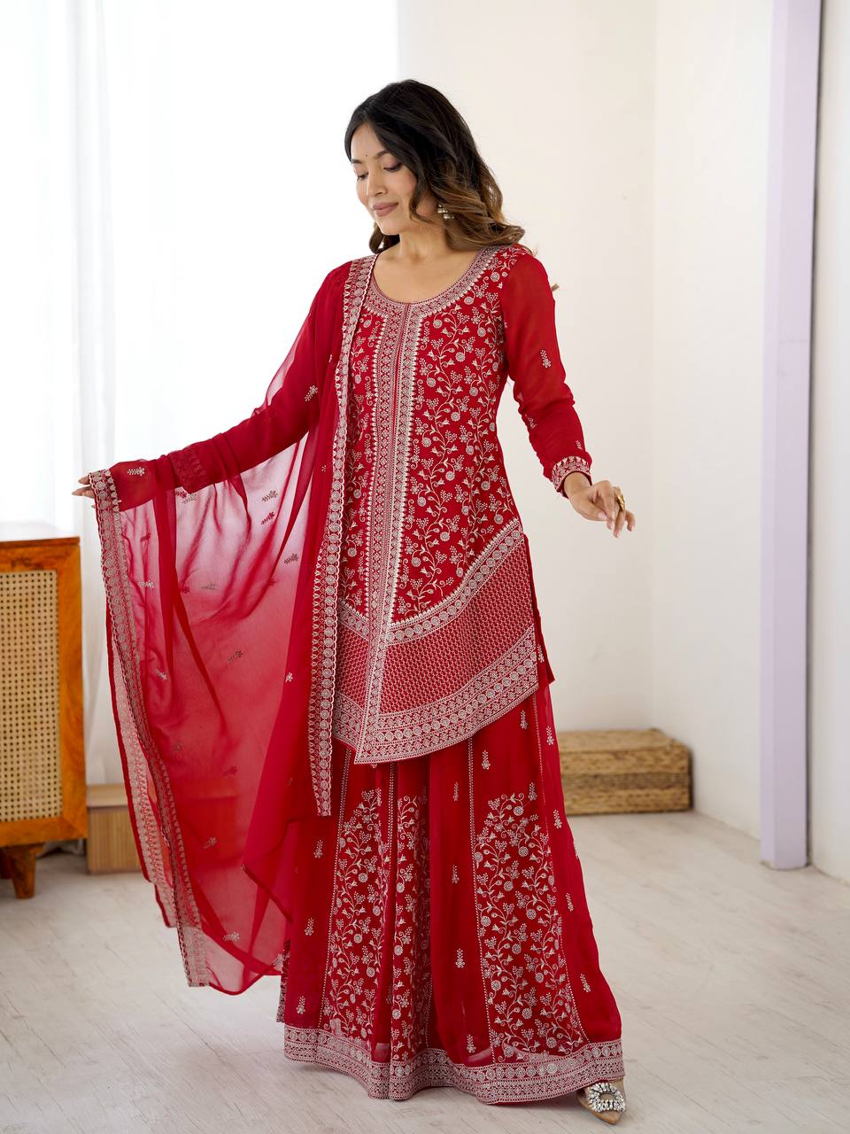 Prazu Fashion Red Faux Georgette Embroidered Thread Work Plazzo Suit