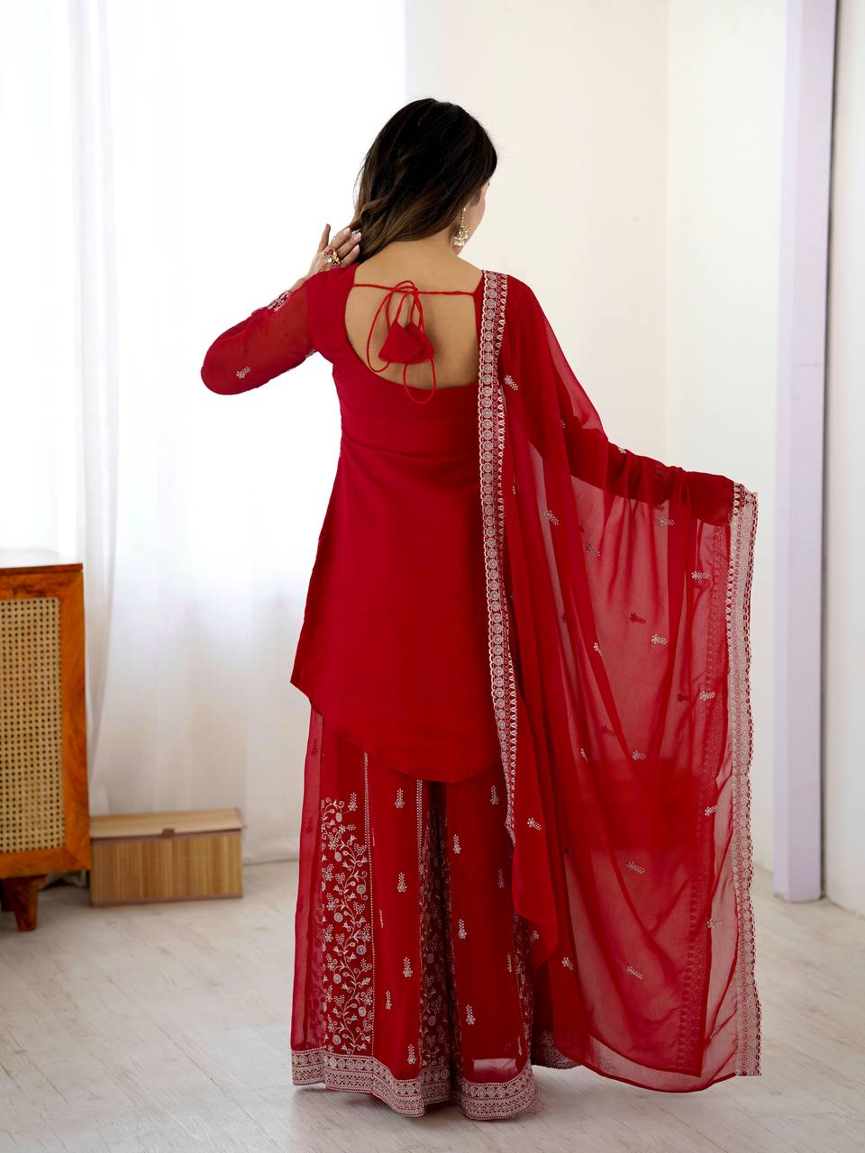 Prazu Fashion Red Faux Georgette Embroidered Thread Work Plazzo Suit