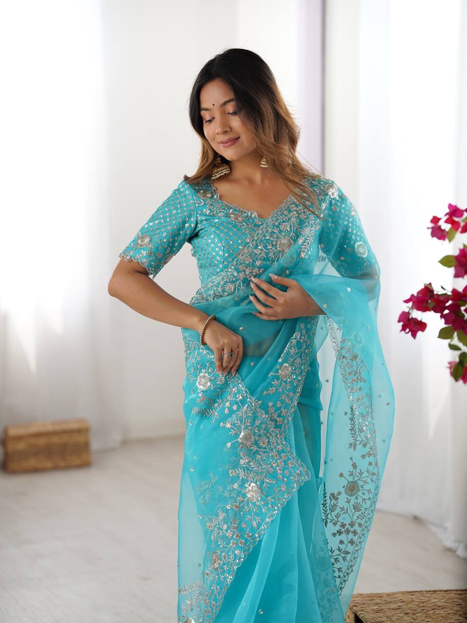 Lehenga Mart Designer Bollywood Style Party Wear Saree-Skyblue