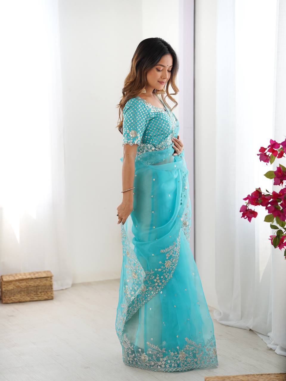 Lehenga Mart Designer Bollywood Style Party Wear Saree-Skyblue