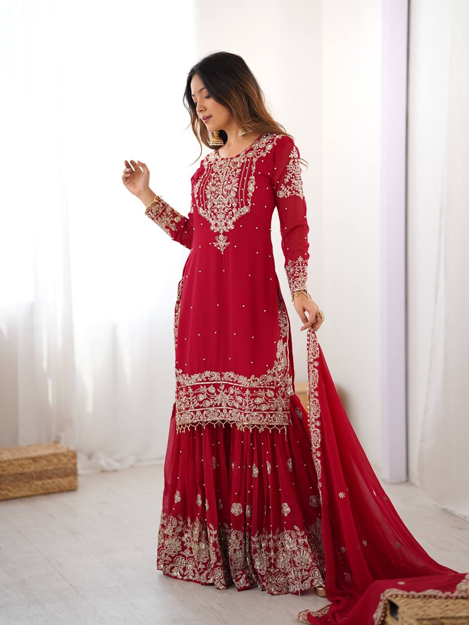 Prazu Fashion Red Faux Georgette Embroidered Thread Work Sharara Suit