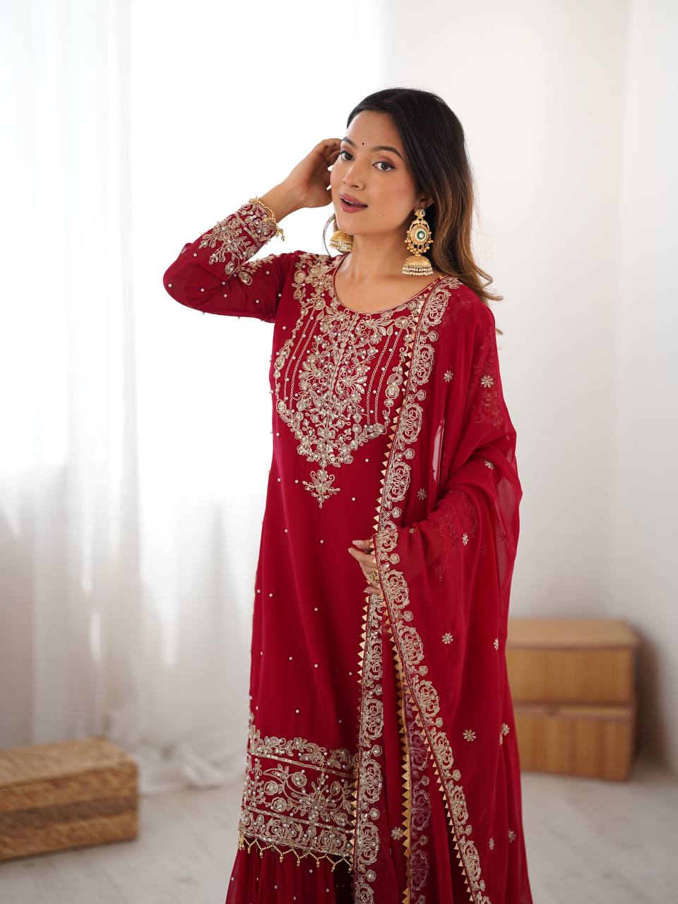 Prazu Fashion Red Faux Georgette Embroidered Thread Work Sharara Suit