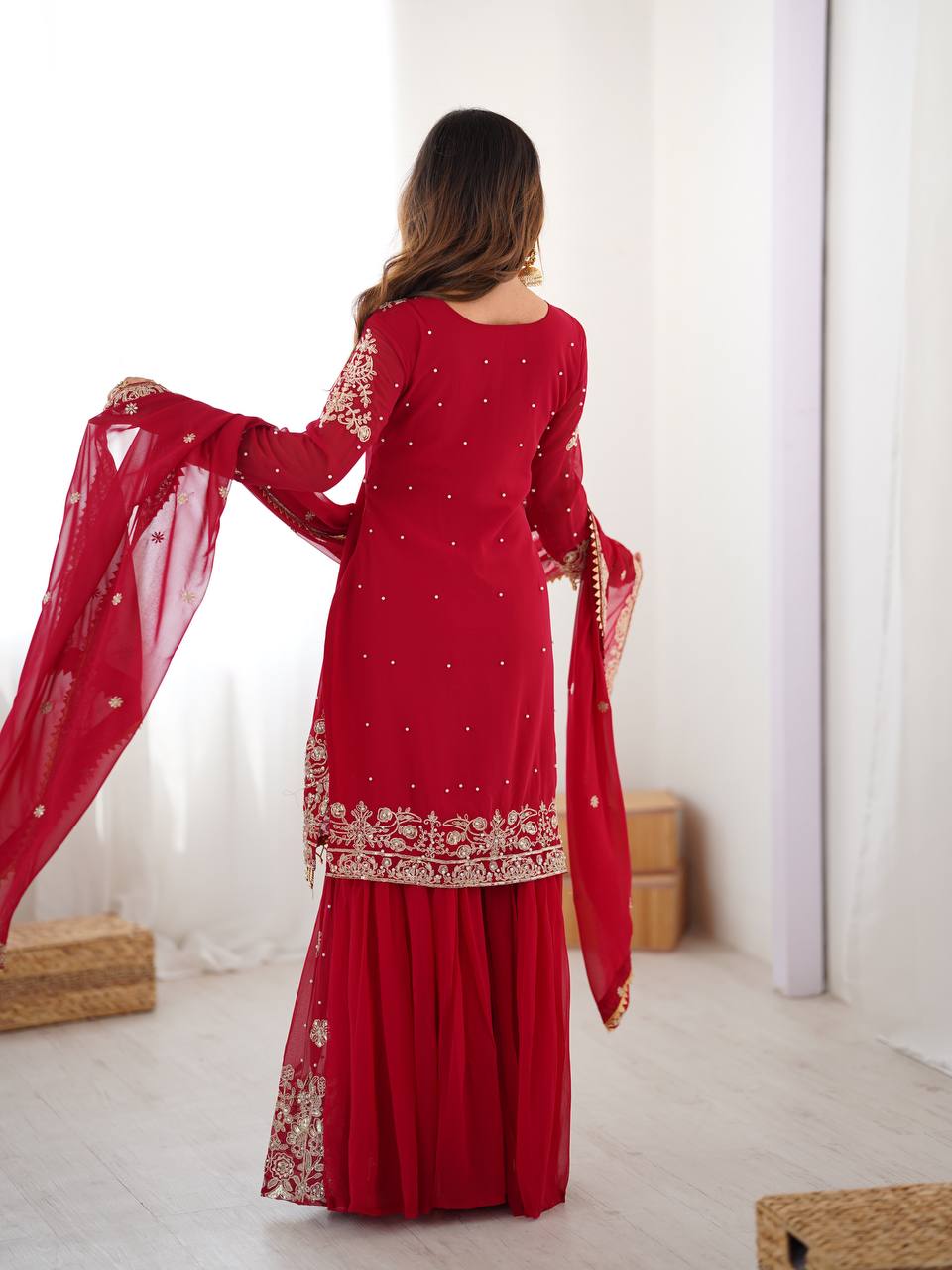 Prazu Fashion Red Faux Georgette Embroidered Thread Work Sharara Suit