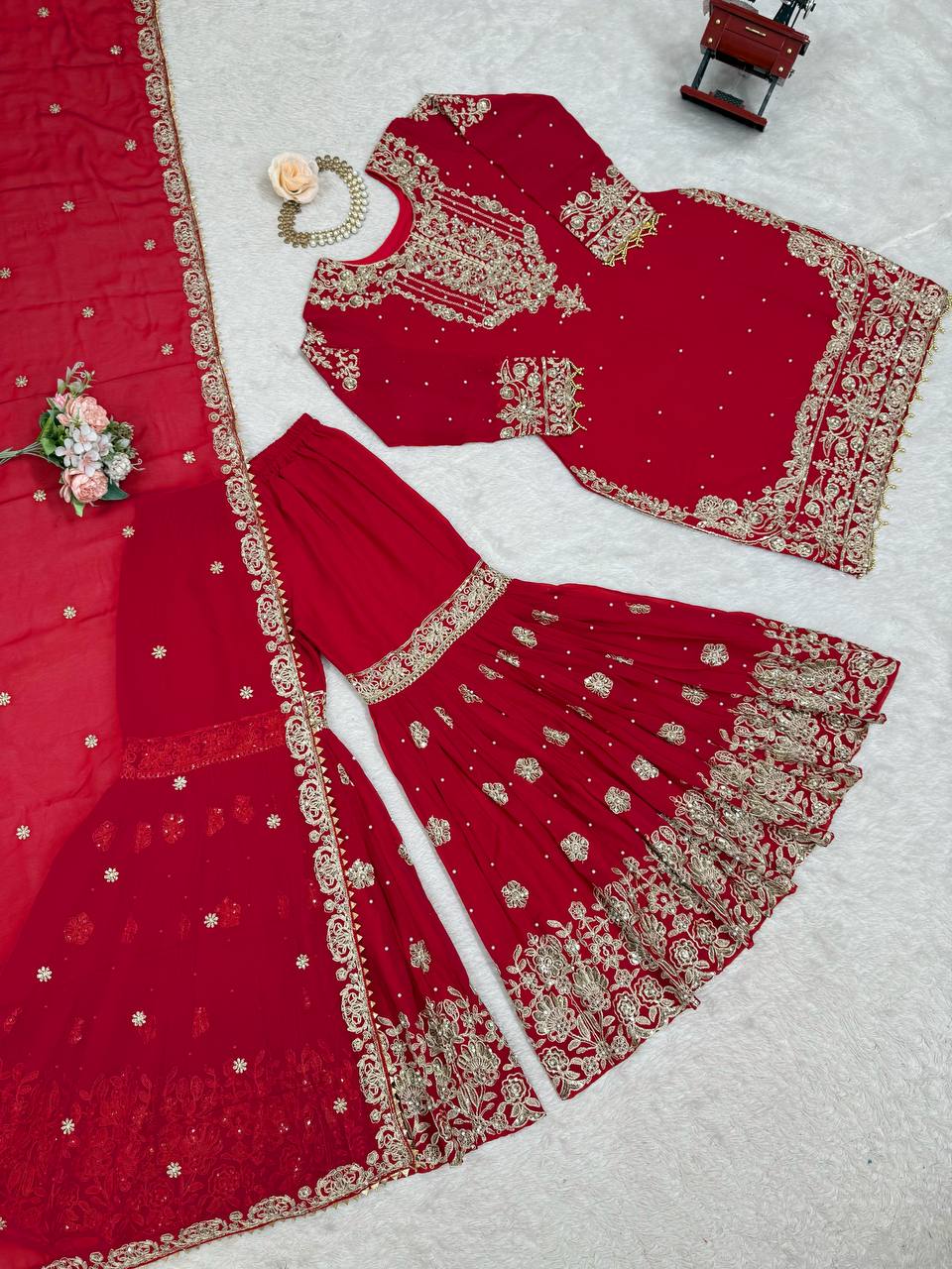 Prazu Fashion Red Faux Georgette Embroidered Thread Work Sharara Suit