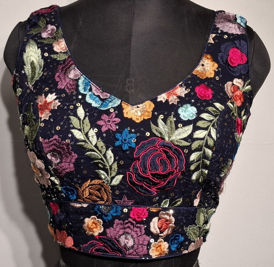 Kia Fashions Navy Blue Multi Color Embroidered Readymade Blouse