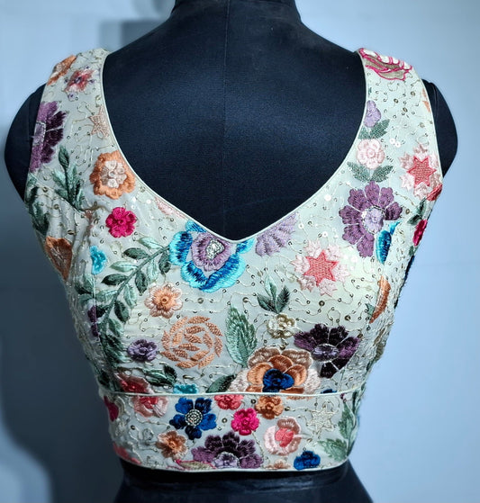 Kia Fashions Off-White Multi Color Embroidered Readymade Blouse