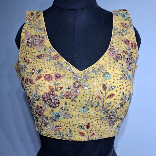 Kia Fashions Eggyolk Yellow Georgette Multi Color Emb & Sqn Readymade Blouse