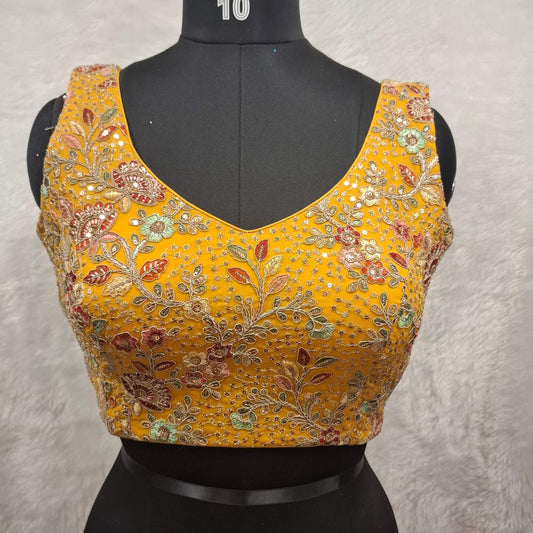 Kia Fashions Mustard Yellow Georgette Multi Color Emb & Sqn Readymade Blouse