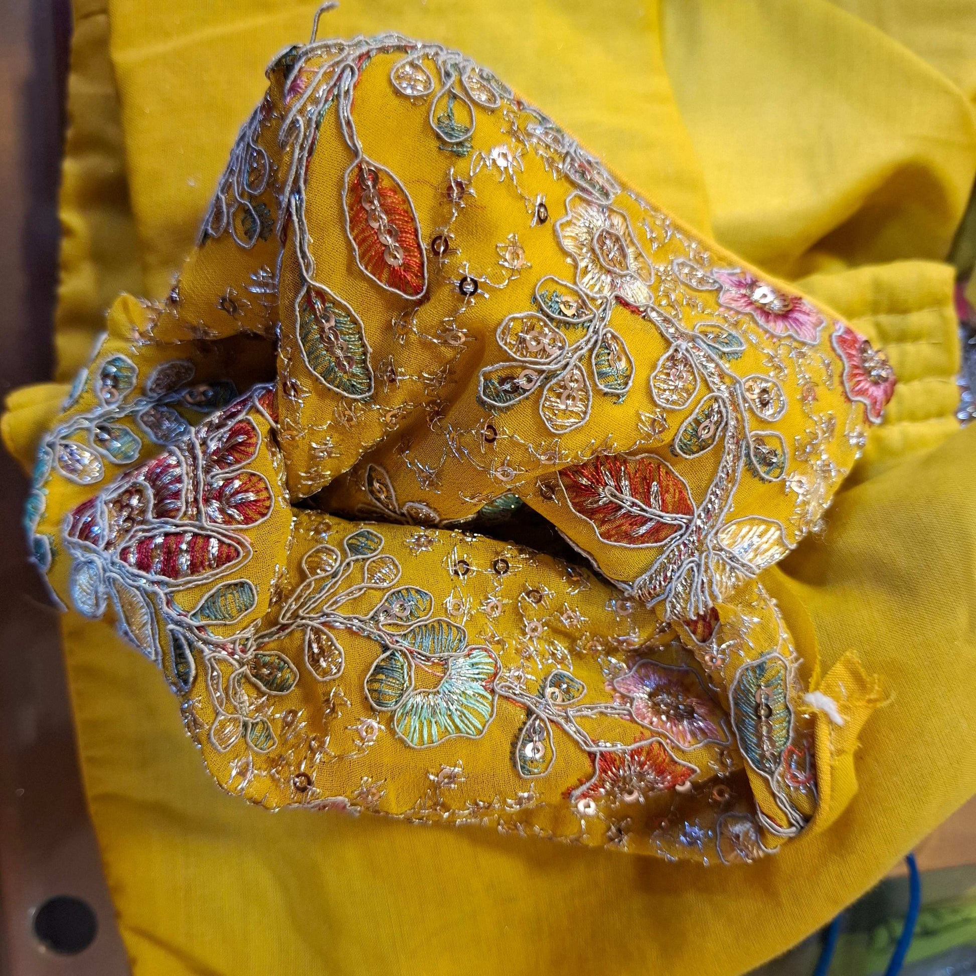 Kia Fashions Mustard Yellow Georgette Multi Color Emb & Sqn Readymade Blouse 