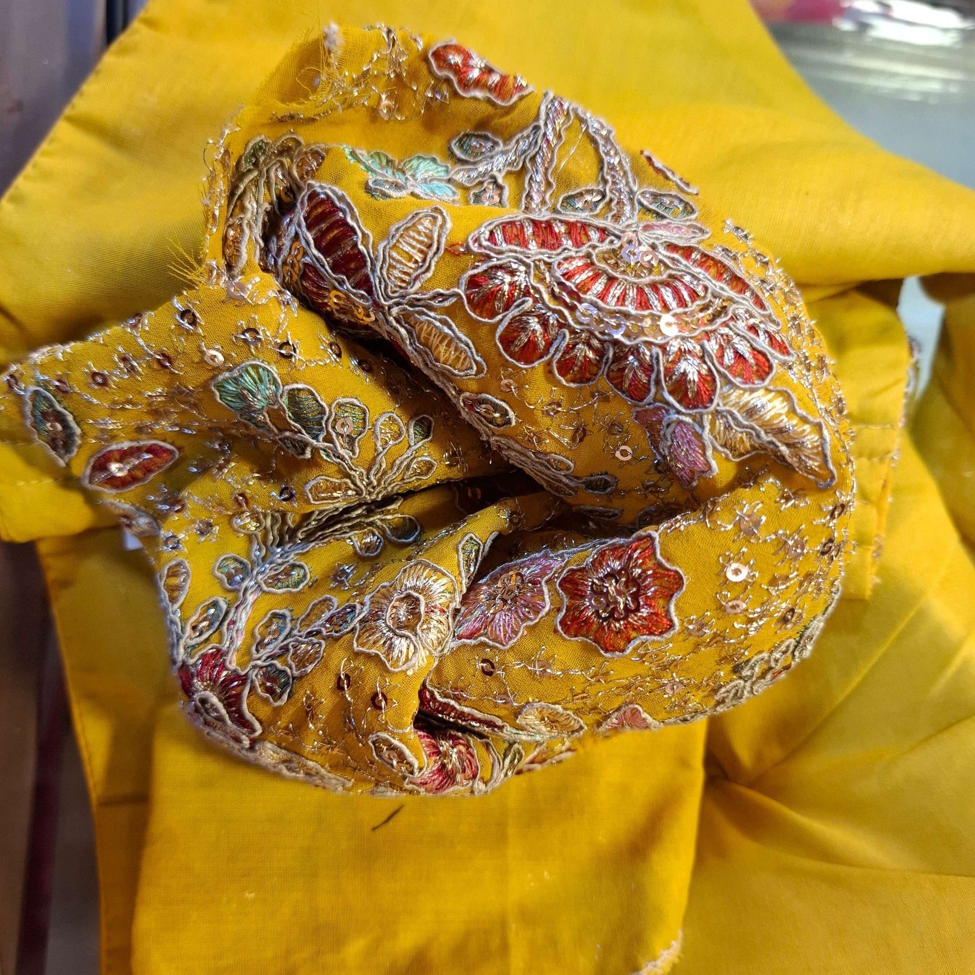 Kia Fashions Mustard Yellow Georgette Multi Color Emb & Sqn Readymade Blouse 