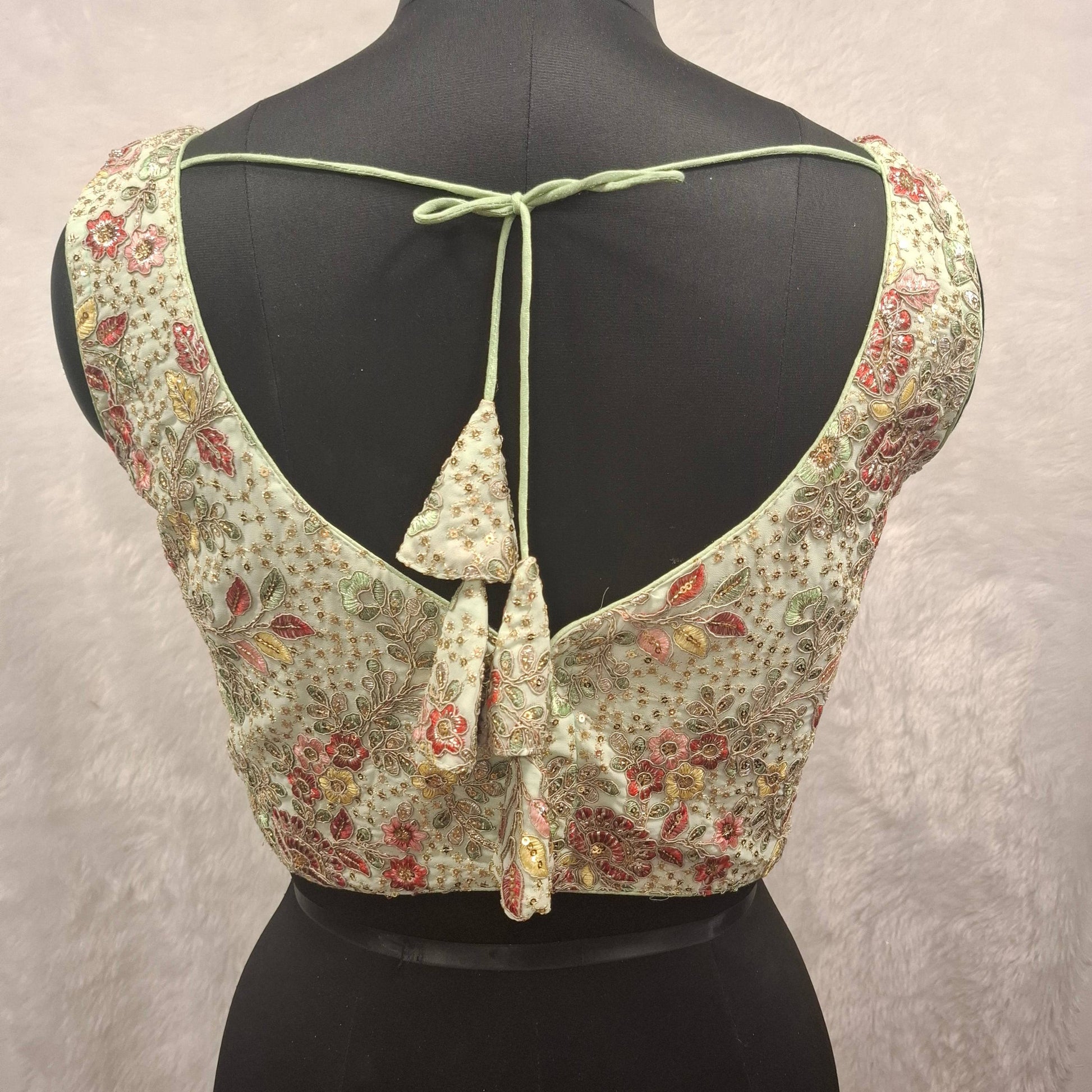 Kia Fashions Pistachio Green Georgette Multi Color Emb & Sqn Readymade Blouse 