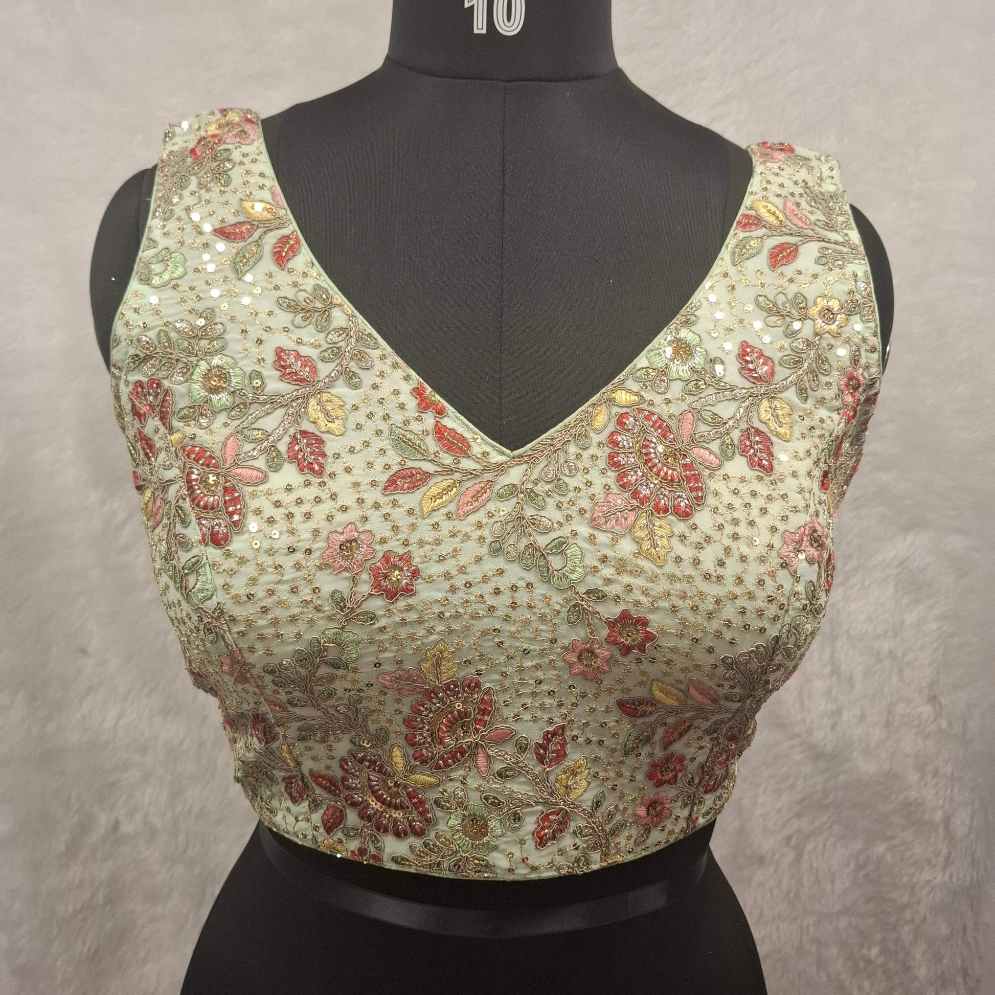 Kia Fashions Pistachio Green Georgette Multi Color Emb & Sqn Readymade Blouse 